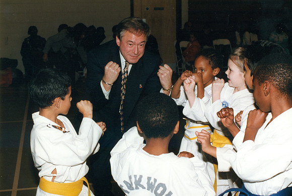 Tony Banks, MP, tries his hand at Taekwondo.