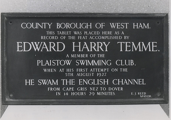 Plaque at Balaam Street Baths, Plaistow. In 1934 Edward Temme became the first man to swim the Channel in both directions.