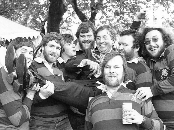 Newham Town Show. 1980. Members of East London Rugby Club with Newham Mayor Edward Daly.