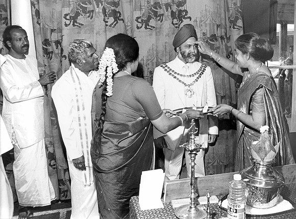 Amarjit Singh, Mayor of Newham, at a Tamil religious celebration held at Langdon School. 7 September 1991.