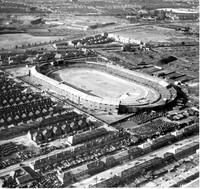 West Ham Stadium (looking north-east towards East Ham) during a speedway meeting. 24 June 1947.