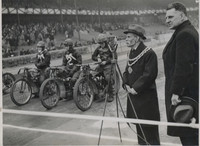 West Ham speedway. West Ham Mayor Thomas Wooder opens the first wartime meeting at West Ham Stadium. 1940.