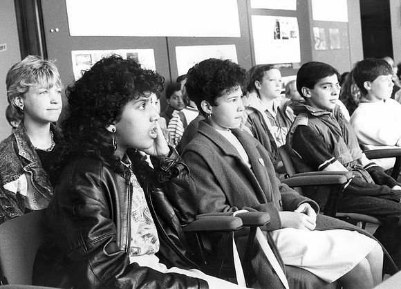 Pupils from Cumberland School, Plaistow, listening to Docklands plans. 9 May 1988.