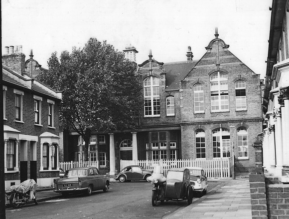 Entrance to the old building of West Ham College (formerly Stratford Grammar School). 14 October 1968.