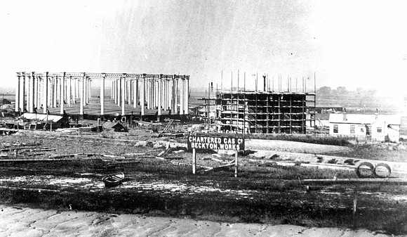 Beckton Gasworks. View of Gasholders, Manager's House & temporary Engineer's Office. September 1870.