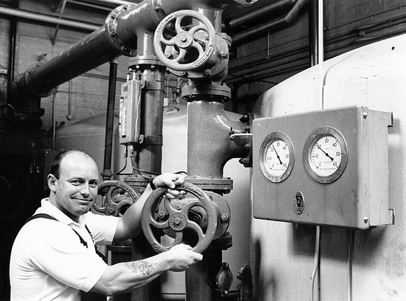 East Ham Baths. Bobby Clark, No 1 Boiler Man. May 1990.