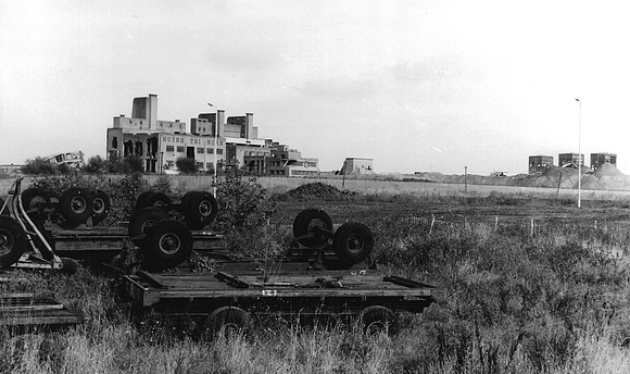 Beckton Gasworks from Woolwich Manor Way. (Showing buildings used in the film Full Metal Jacket). October 1986