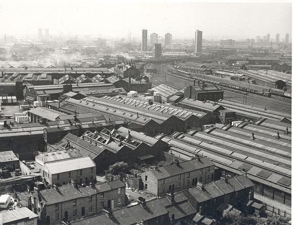 Stratford railway lands. 1970. (Former railway works (closed 1963) in foreground).