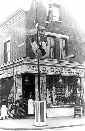 C Goetz, Butcher, corner of Harrow Road & High St North, East Ham. Damaged in anti-German riots, June 1915. Decoration probably for Coronation of King George V.