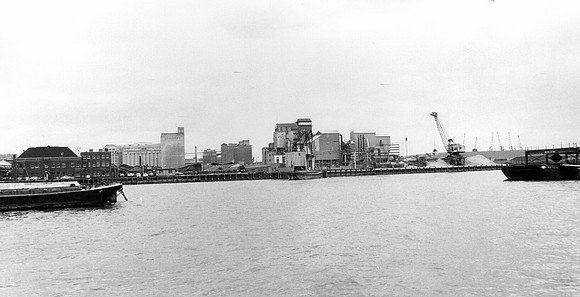 Newham's Thames frontage looking towards Millennium Mills. August 1972.