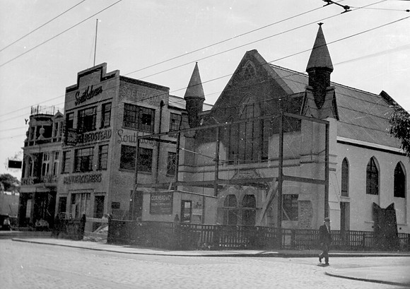 Southdown Springs bedding factory and former Welsh Presbyterian Church, Romford Road, Stratford. 1952