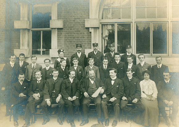 Stratford Library. West Ham library staff. c1900. Alfred Cotgreave, Chief Librarian, is seated in the centre of the front row.