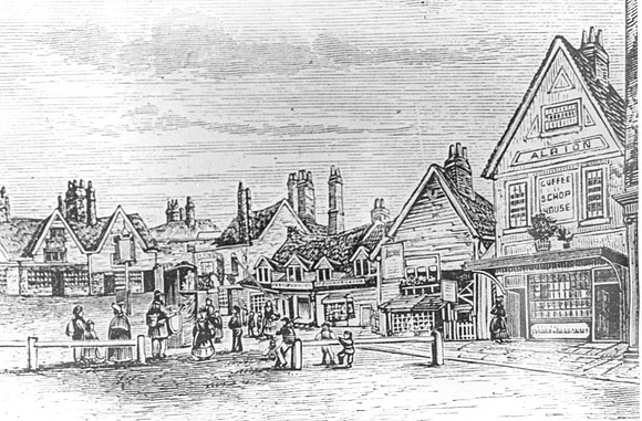 Old houses in Stratford Broadway. (Site of West Ham Town Hall).