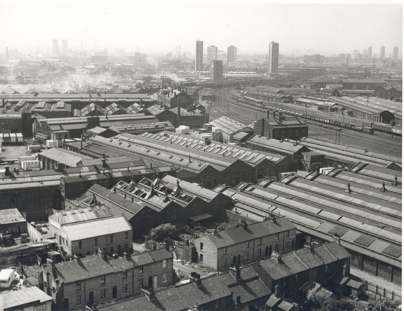Stratford railway lands. 1970. (Former railway works (closed 1963) in foreground).