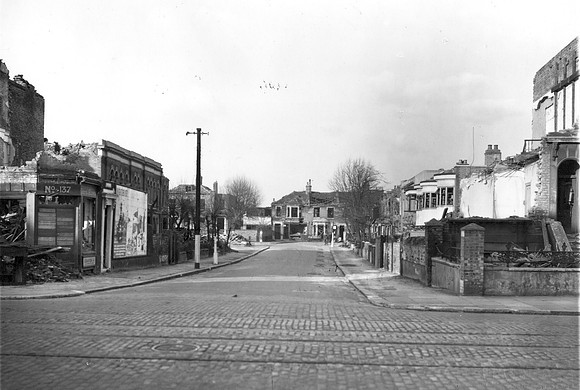 The Green, Stratford. Bomb damage