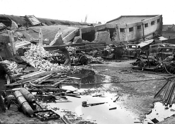 Bomb damage at Abbey Road Depot, Stratford.