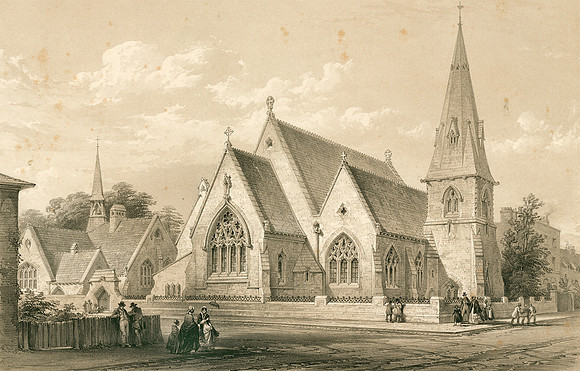 Christ Church in the new district of Stratford by Bow, Essex. Lithograph by G Hawkins. c1852