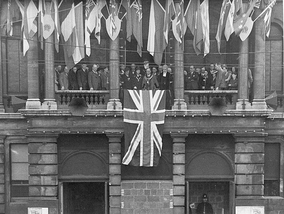 VE Day. 8 May 1945. West Ham Town Hall balcony.