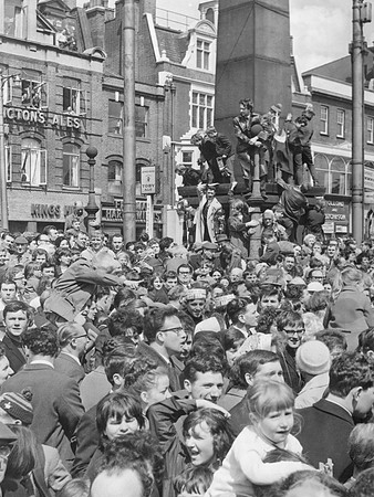 FA Cup Final. West Ham fans welcome the team at Stratford Broadway. 3 May 1964.