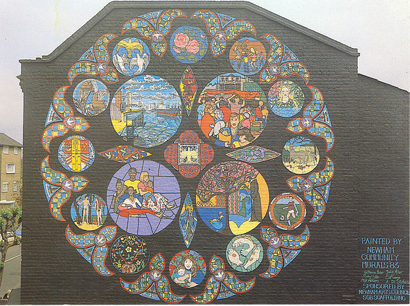 Mural on the wall of the Society of St Francis, Balaam Street, Plaistow. Painted by Newham Community Murals. 1983.