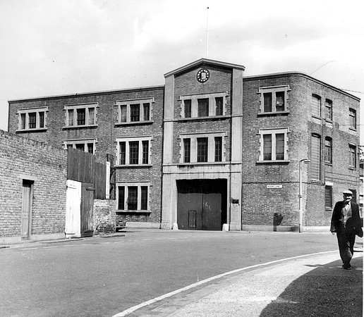 Whitefields factory. Tunmarsh Lane entrance. (Former North Metropolitan Tramways depot). 1970.