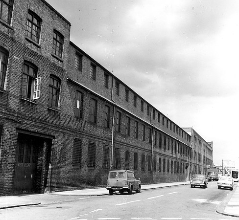 Whitefields factory. Jedburgh Road side. (Former North Metropolitan Tramways depot). 1970.