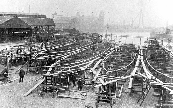 Thames Ironworks. Romanian Torpedo Vedette Boats under construction. 1906.