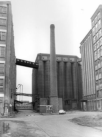South facade. Ranks Empire Mill-Mill Road entrance, south side, Royal Victoria Dock. 30 March 1984.