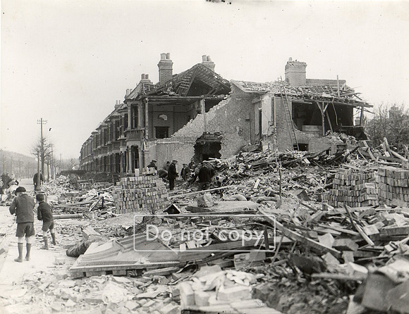 Sheringham Avenue, Manor Park. Bomb damage. 30 April 1941.