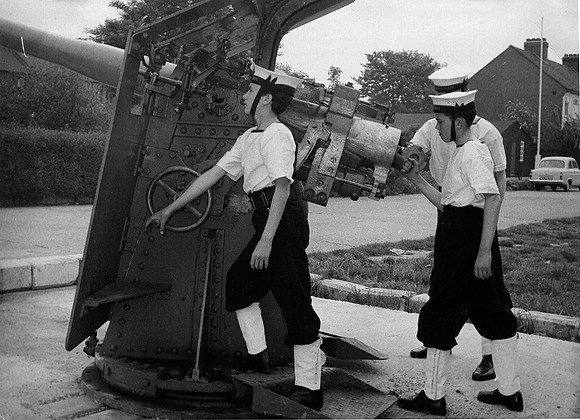 Newham Sea Cadets loading a 12-pdr HA Mtg Mk9 gun ready for action.
