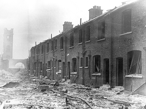 Silvertown Explosion 1917. Backs of firemen's dwellings & Silvertown Fire Station.