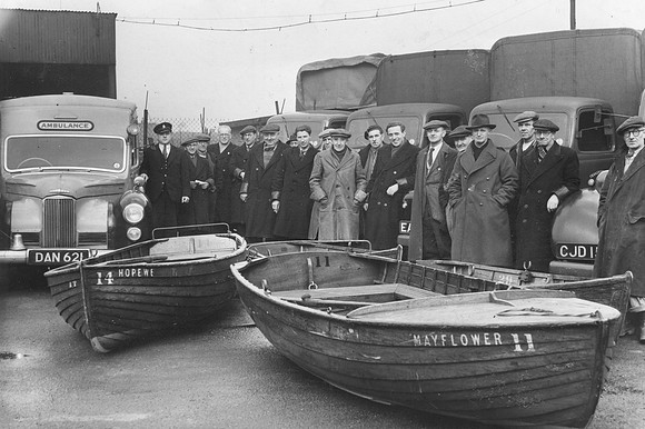 Ready for the floods. Boats, lorries and ambulances wait at the West Ham Council Yard, Crawford Street, Canning Town. 1953.