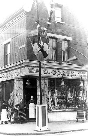C Goetz, Butcher, corner of Harrow Road & High St North, East Ham. Damaged in anti-German riots, June 1915. Decoration probably for Coronation of King George V.