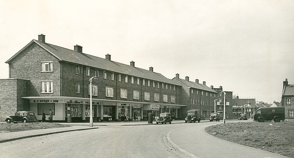 Keir Hardie estate, Canning Town. New shops & maisonettes in Fife Road. 1950s.