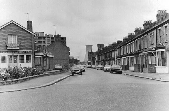Star Lane and the Princess Alexandra public house, Canning Town, looking towards West Ham Power Station. July 1975